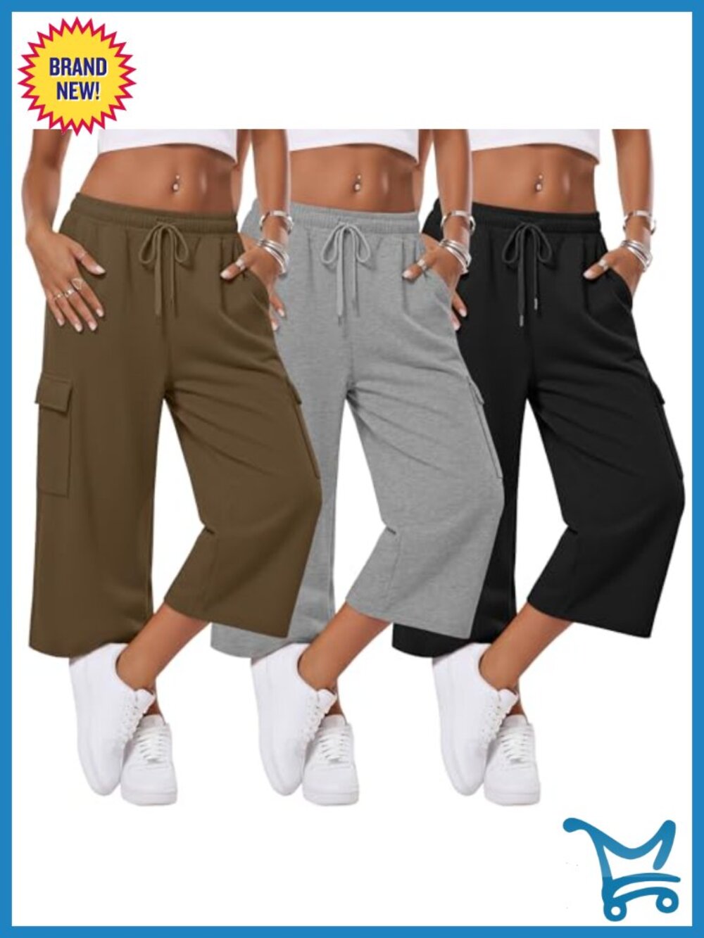 Women's Cargo Capris 3 Pack Polyester Cotton Wide Leg Drawstring